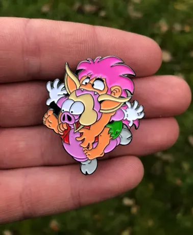 TOMBA! - Tomba Leaping on a Pig enamel metal Pin Badge