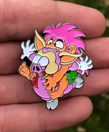 TOMBA! - Tomba Leaping on a Pig enamel metal Pin Badge
