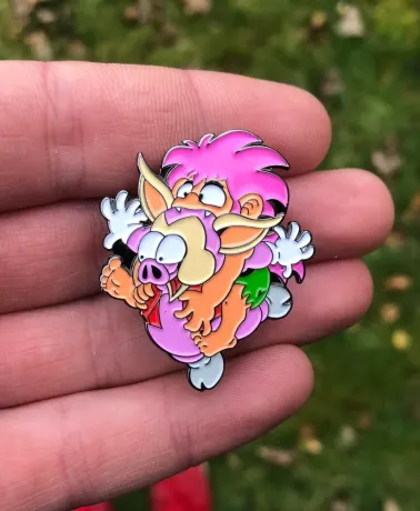 TOMBA! - Tomba Leaping on a Pig enamel metal Pin Badge