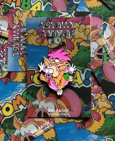 TOMBA! - Tomba Leaping on a Pig enamel metal Pin Badge