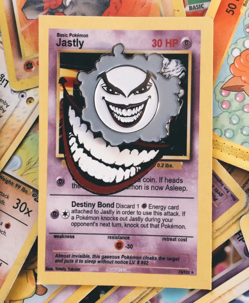 POKEMON x BATMAN comic book styled JASTLY (Gastly and The Joker) enamel Pin Badge