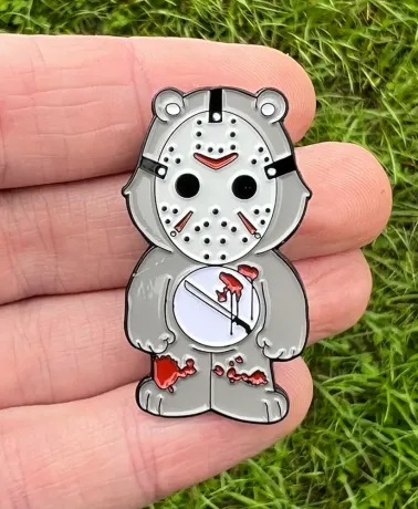 INTENSIVE CARE BEAR wearing Jason Voorhees mask enamel metal Pin Badge