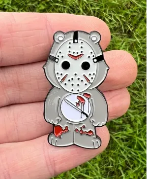 INTENSIVE CARE BEAR wearing Jason Voorhees mask enamel metal Pin Badge