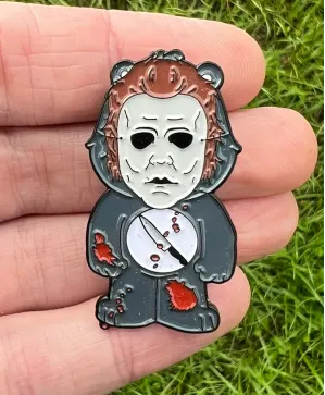 INTENSIVE CARE BEAR wearing Michael Myers mask enamel metal Pin Badge
