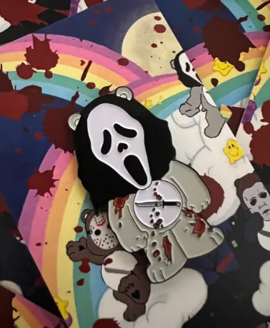 INTENSIVE CARE BEAR wearing Ghostface mask enamel metal Pin Badge