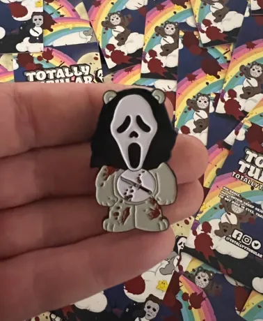 INTENSIVE CARE BEAR wearing Ghostface mask enamel metal Pin Badge