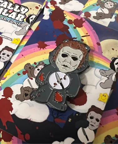 INTENSIVE CARE BEAR wearing Michael Myers mask enamel metal Pin Badge