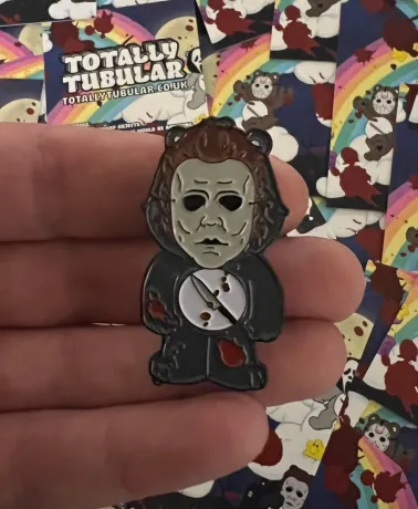 INTENSIVE CARE BEAR wearing Michael Myers mask enamel metal Pin Badge