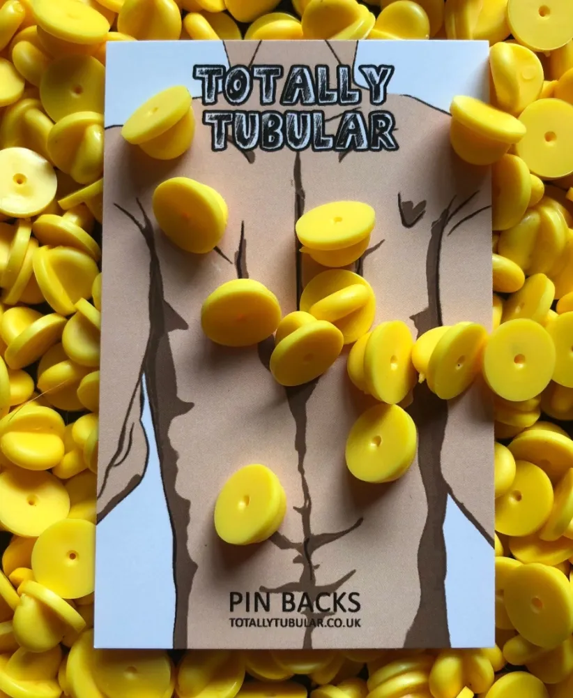 Yellow rubber push on pin badge backs