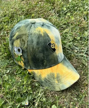 MEDIEVIL DAN-HAND AND GOLD SHIELD GREEN AND YELLOW TIE DYE CORDUROY STRAPBACK BASEBALL CAP