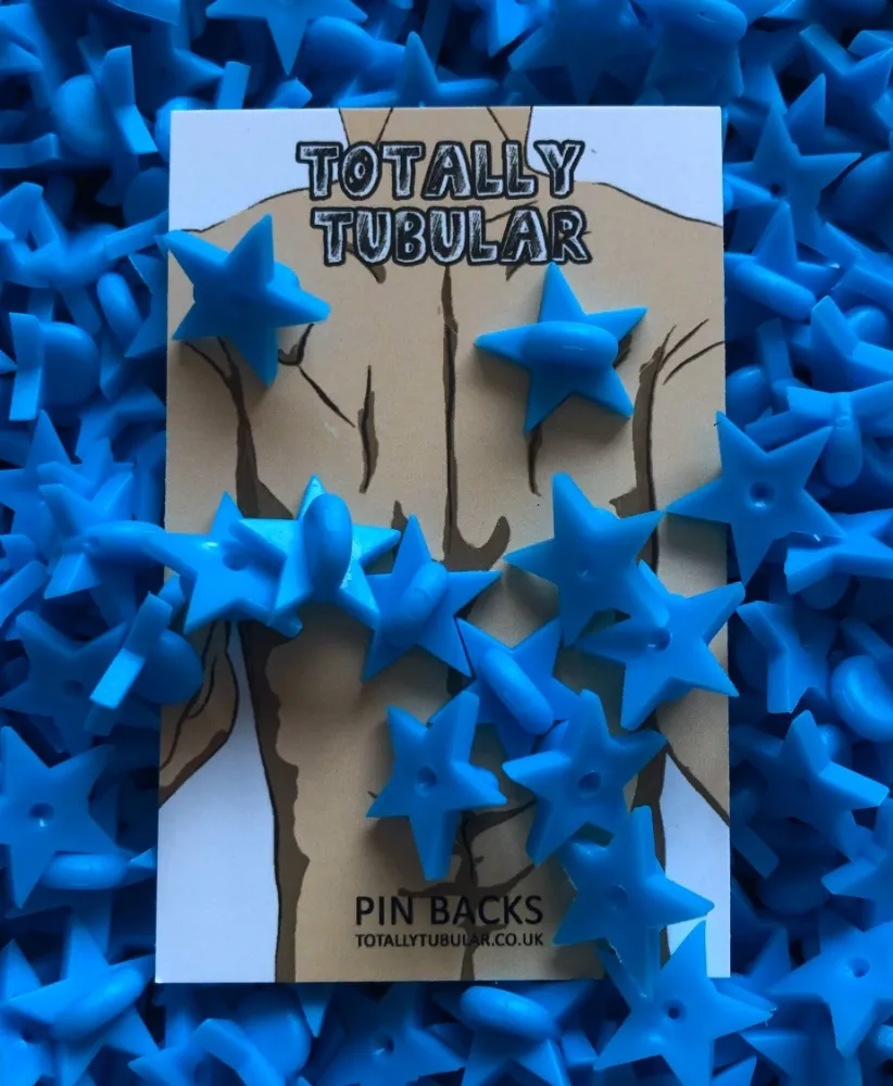 Light Blue Star Shaped Rubber push on pin badge backs