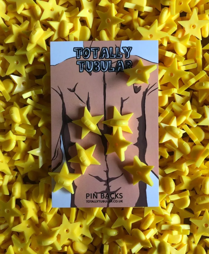 Yellow Star Shaped Rubber push on pin badge backs